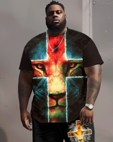 Men's Plus Size Cross Faith Lion T-Shirt Shorts Suit